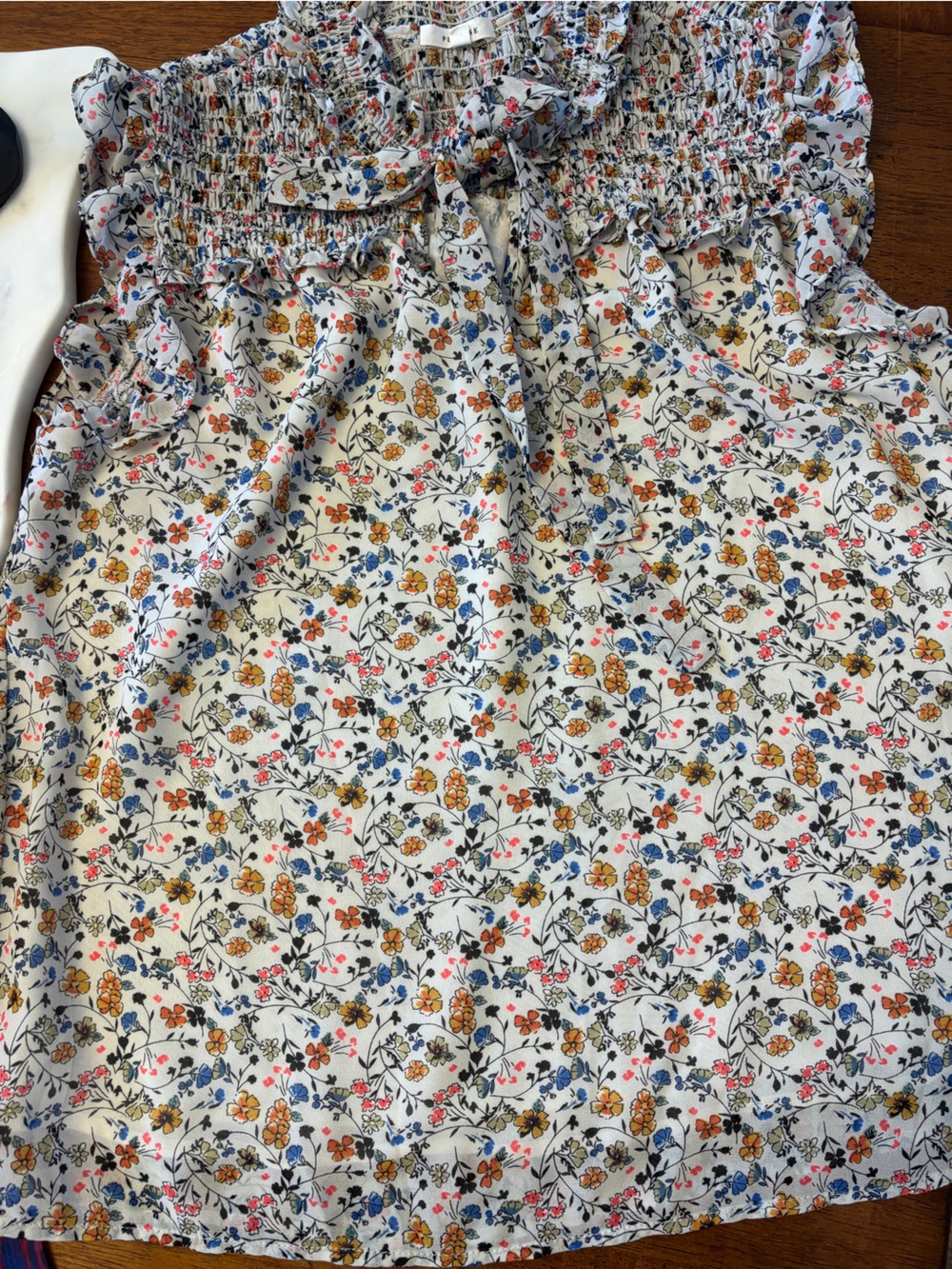 Anthropologie Floral Smocked Ruffle Shell Top tie neck xs Multicolor Print - Picture 1 of 8